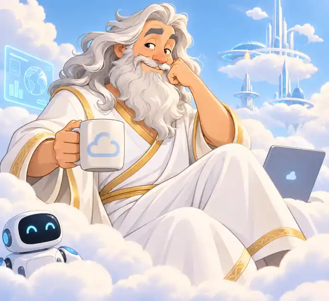 A friendly, silver-haired God lounging in the clouds with a coffee, laptop and small robot